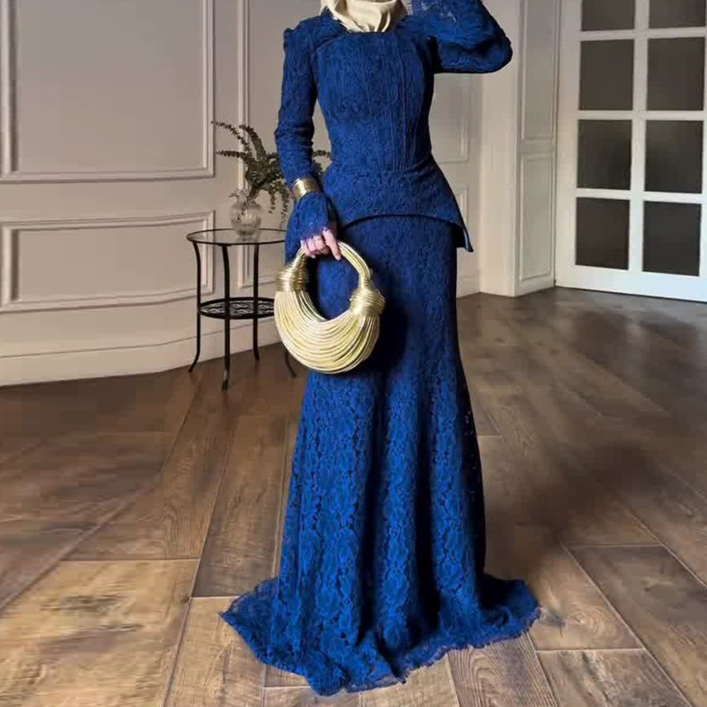 Forever 21 Blue Fitted Lace Long-Sleeve Dress Set